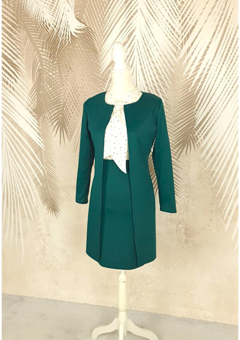 Compleu cardigan si fusta verde si bluza alba cu buline culorate