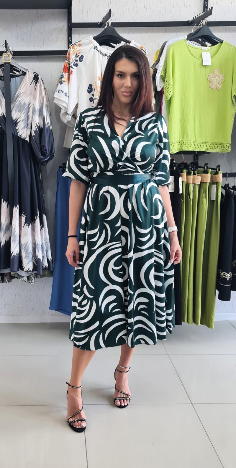 Rochie eleganta verde-alb din saten Serena