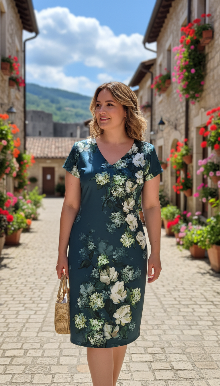 Rochie croi larg verde-turcoaz cu flori Serena