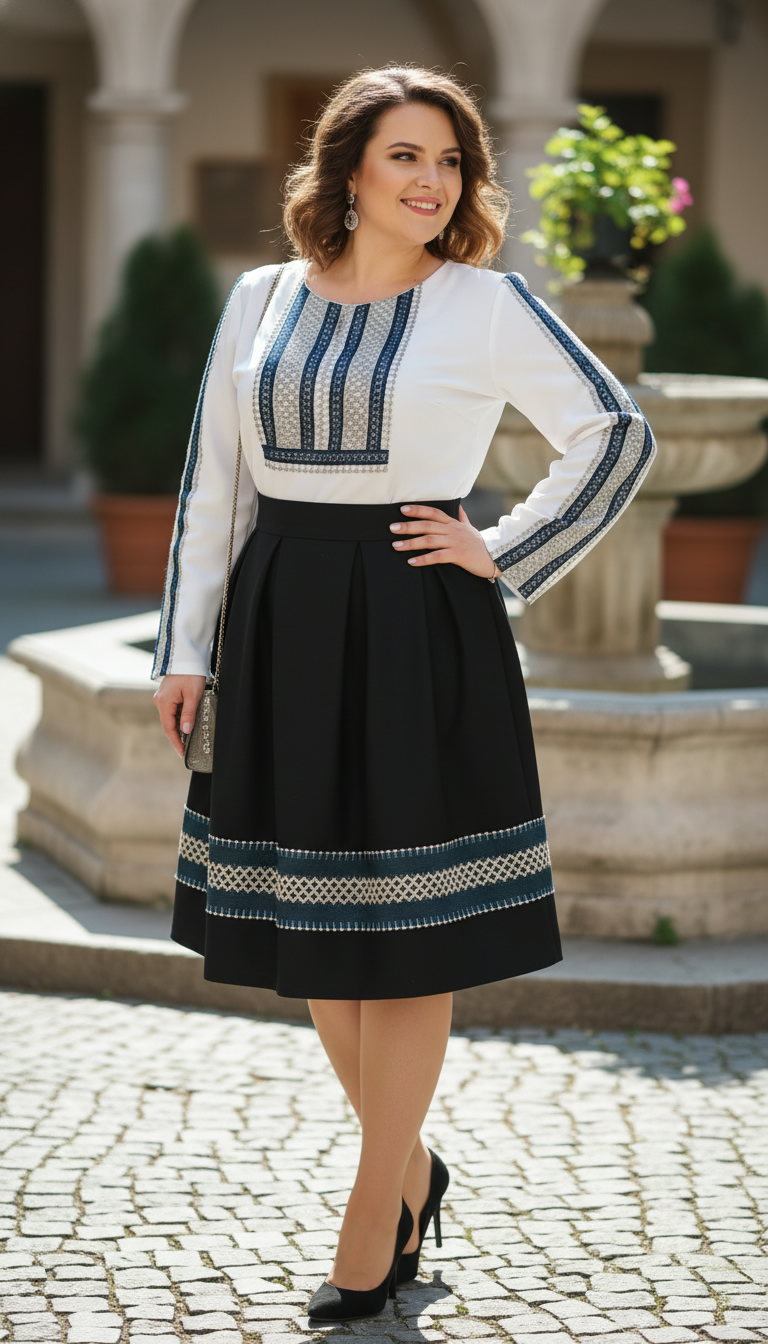 Compleu bluza alba si fusta neagra in pliuri cu broderie Ilinca