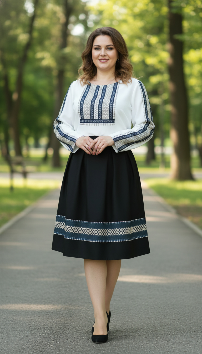 Compleu bluza alba si fusta neagra in pliuri cu broderie Ilinca