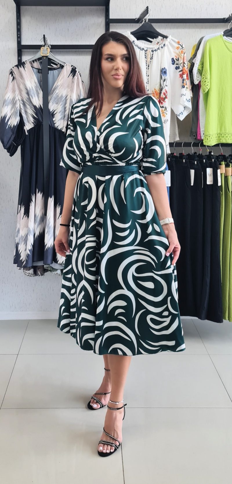 Rochie eleganta verde-alb din saten Serena