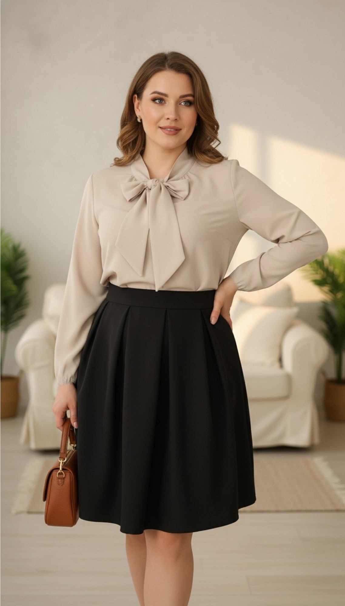 Compleu bluza bej si fusta neagra in pliuri