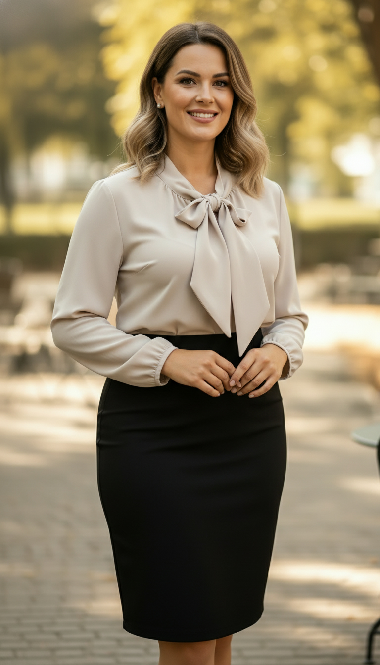 Compleu bluza bej si fusta neagra conica