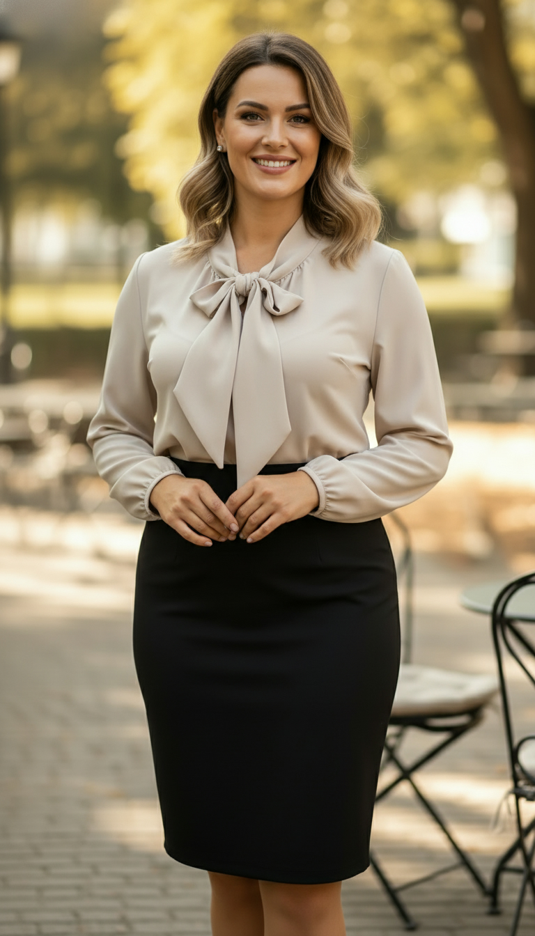 Compleu bluza bej si fusta neagra conica