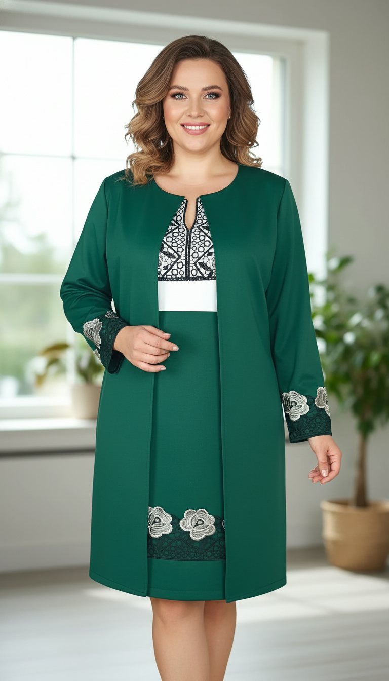 Compleu cardigan si fusta verde cu broderie si cu bluza alba cu broderie Melania