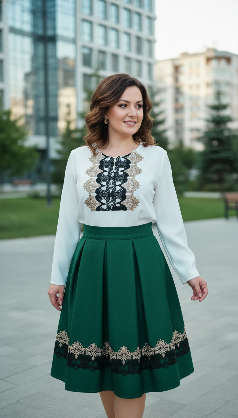 Compleu bluza alba cu broderie si fusta verde in pliuri Erika