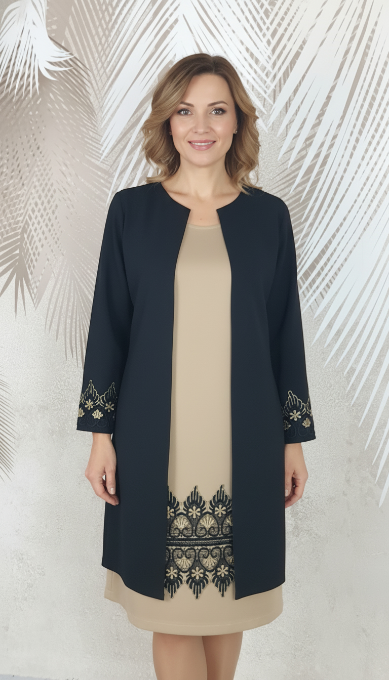 Compleu cardigan negru elegant si rochie bej cu broderie Eva