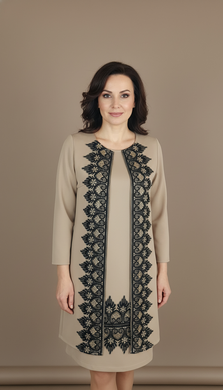 Compleu cardigan bej elegant si rochie bej cu broderie Eva