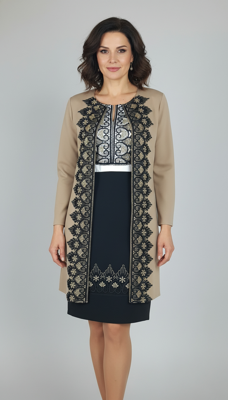 Compleu cardigan elegant bej si fusta neagra cu broderie si cu bluza alba stilizata Eva