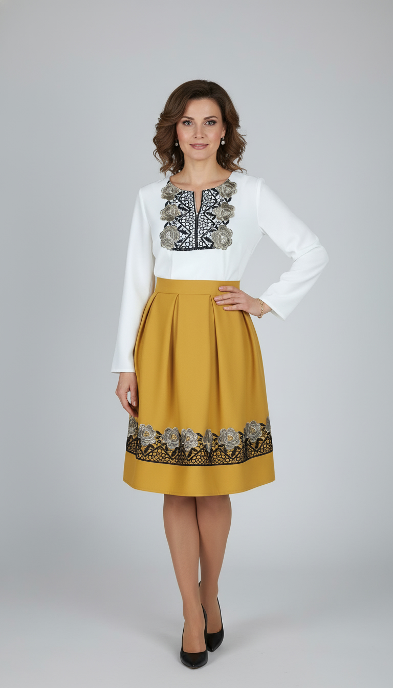 Compleu bluza alba si fusta mustar clos cu broderie Melania