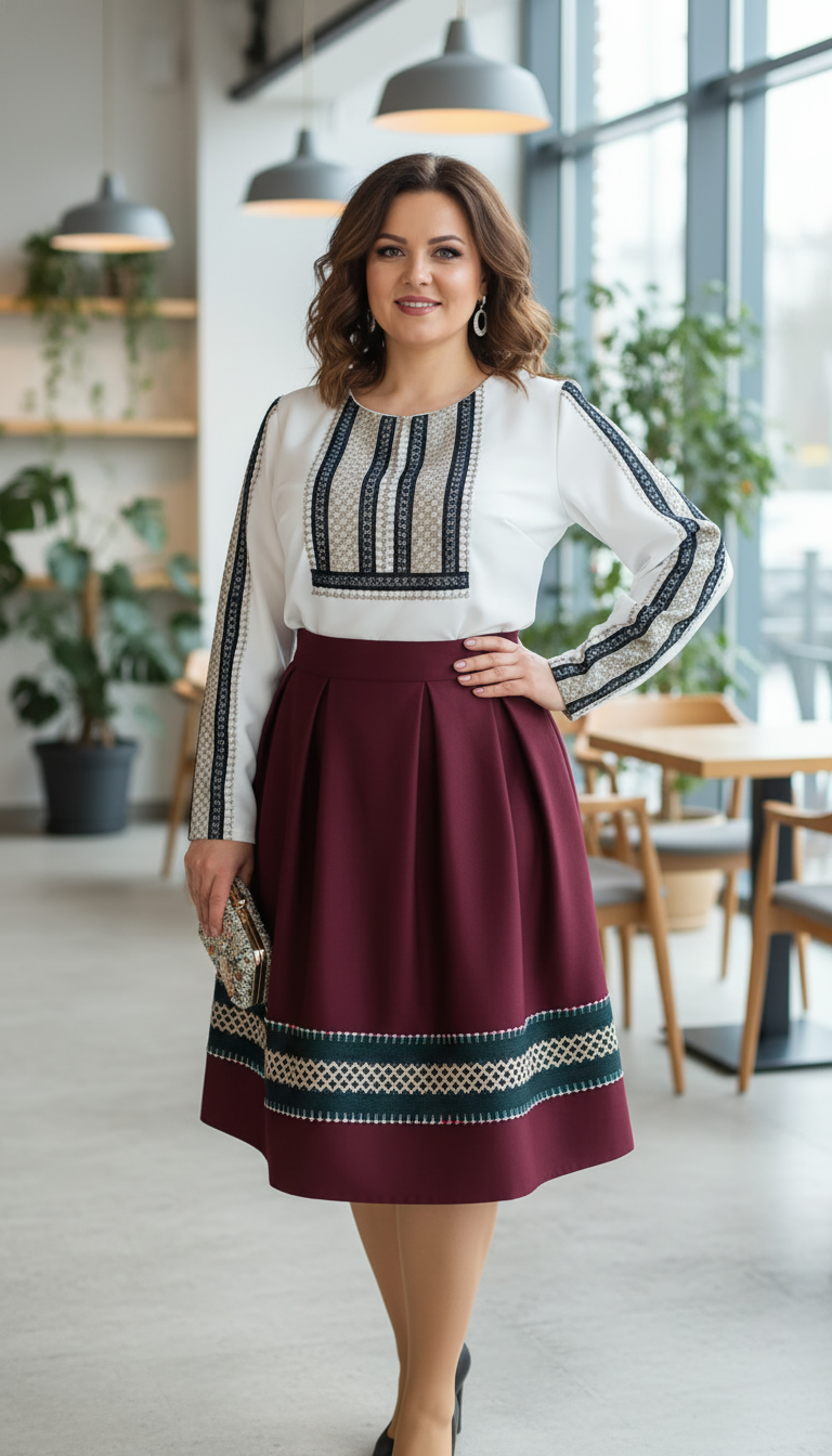 Compleu bluza alba si fusta visinie in pliuri cu broderie Ilinca