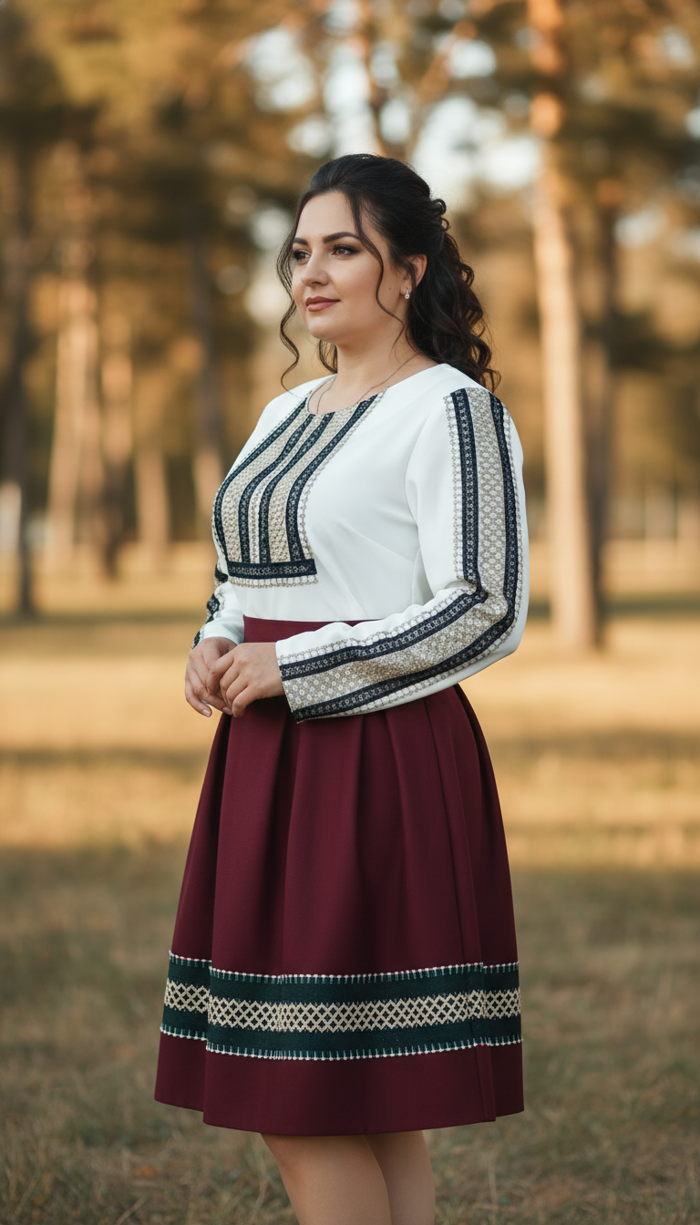 Compleu bluza alba si fusta visinie in pliuri cu broderie Ilinca