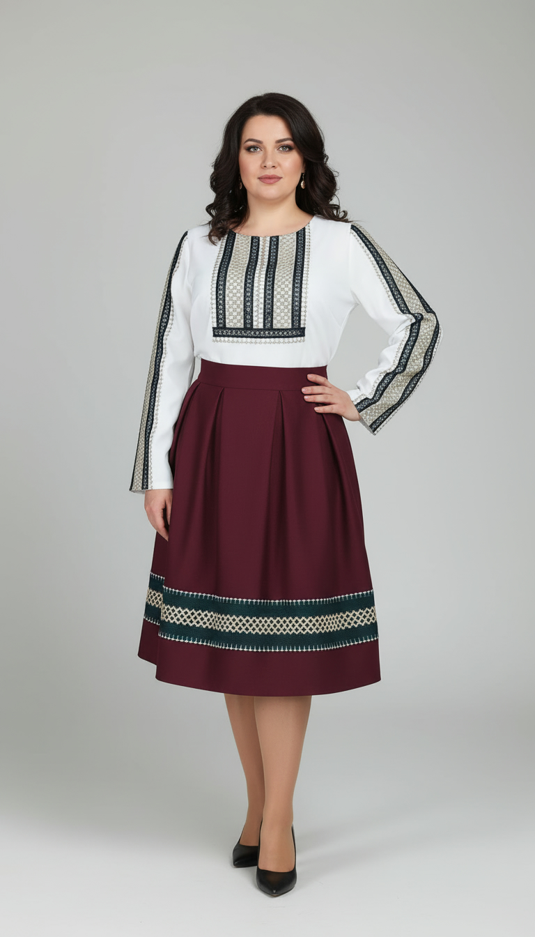 Compleu bluza alba si fusta visinie in pliuri cu broderie Ilinca