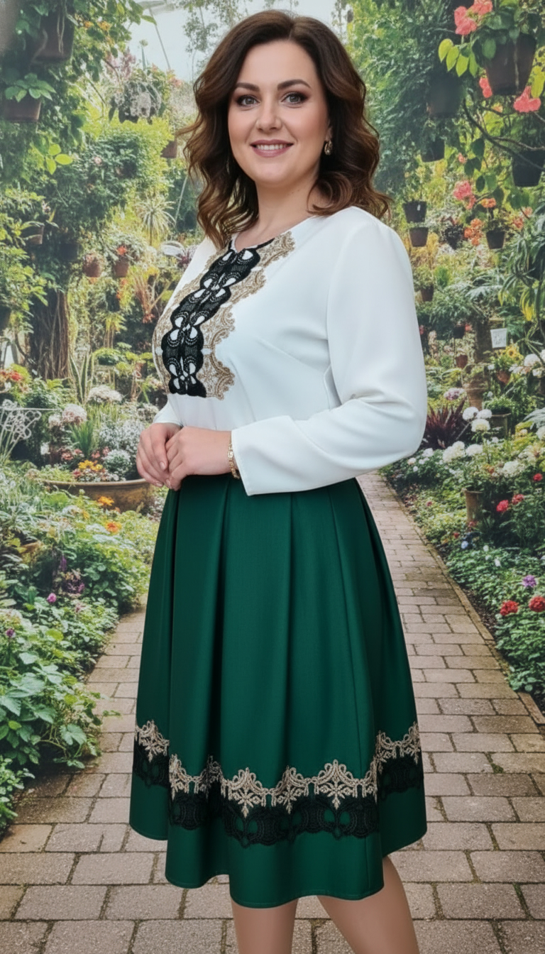 Compleu bluza alba cu broderie si fusta verde in pliuri Erika