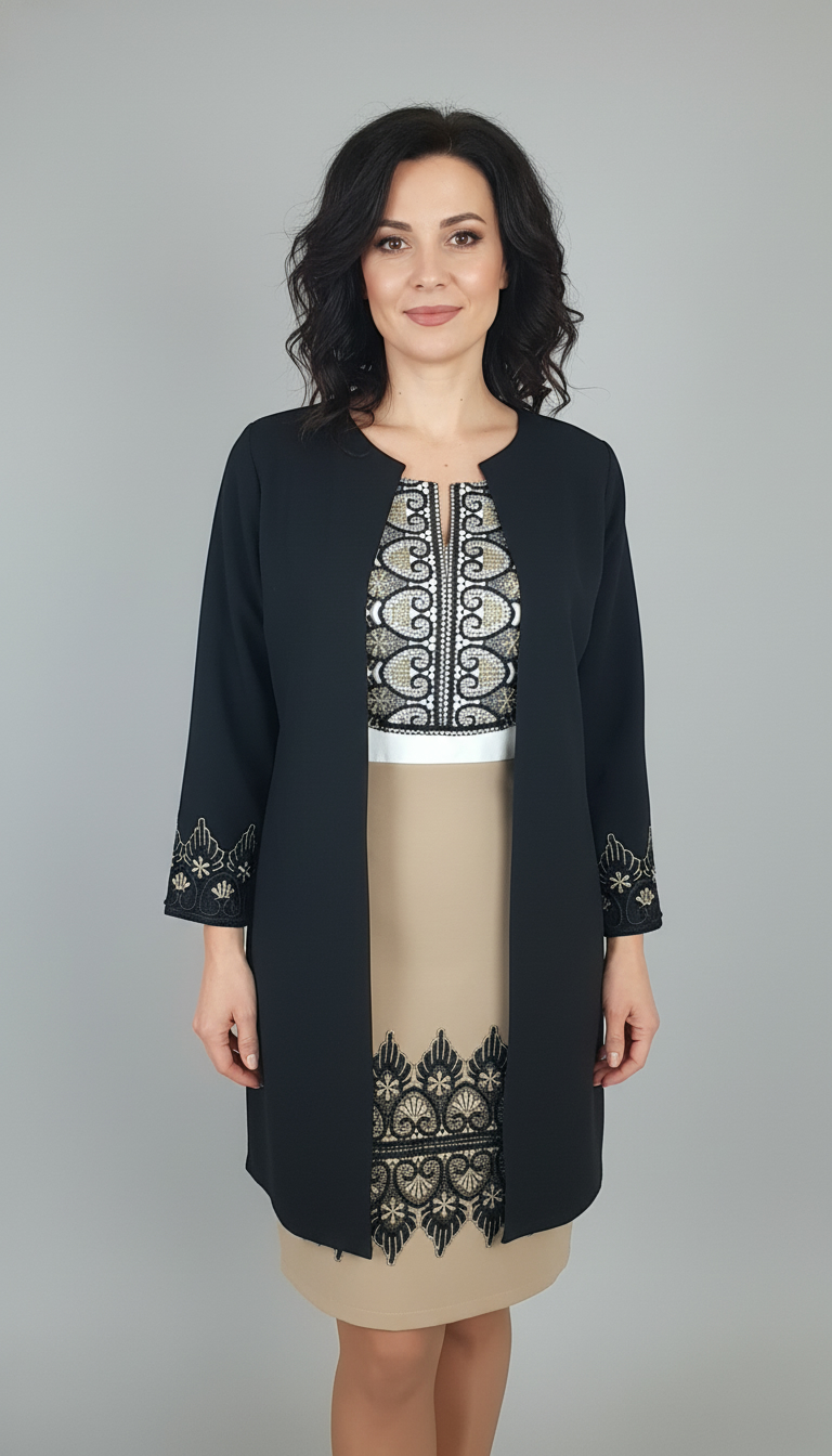Compleu cardigan elegant negru si fusta bej cu broderie si cu bluza alba stilizata Eva