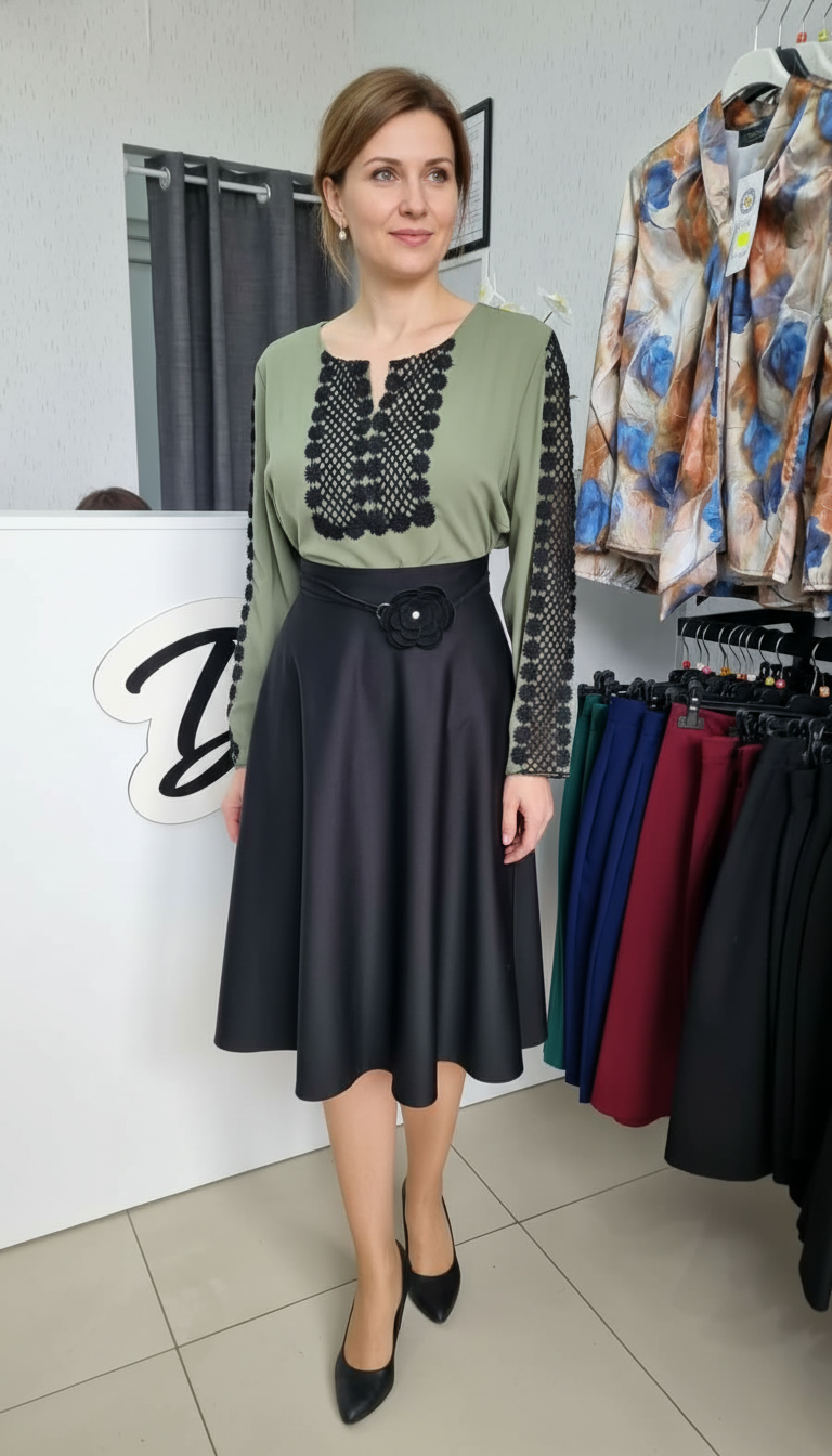 Compleu bluza kaki Emma si fusta clos neagra