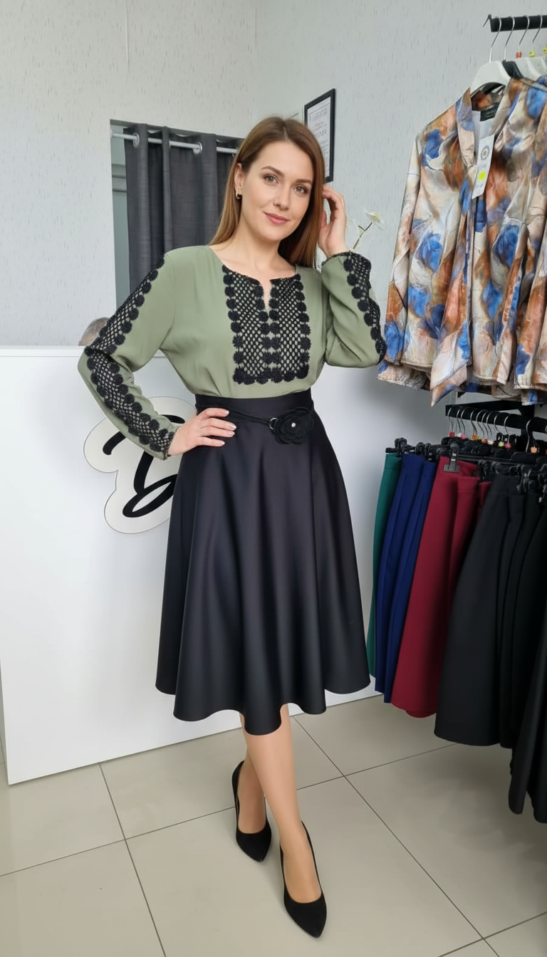 Compleu bluza kaki Emma si fusta clos neagra