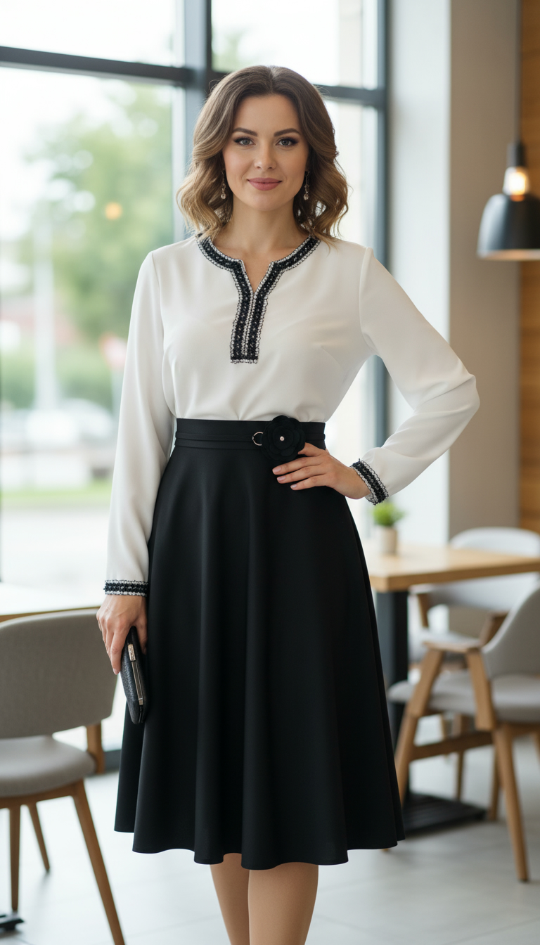 Compleu bluza eleganta Sofia si fusta clos neagra