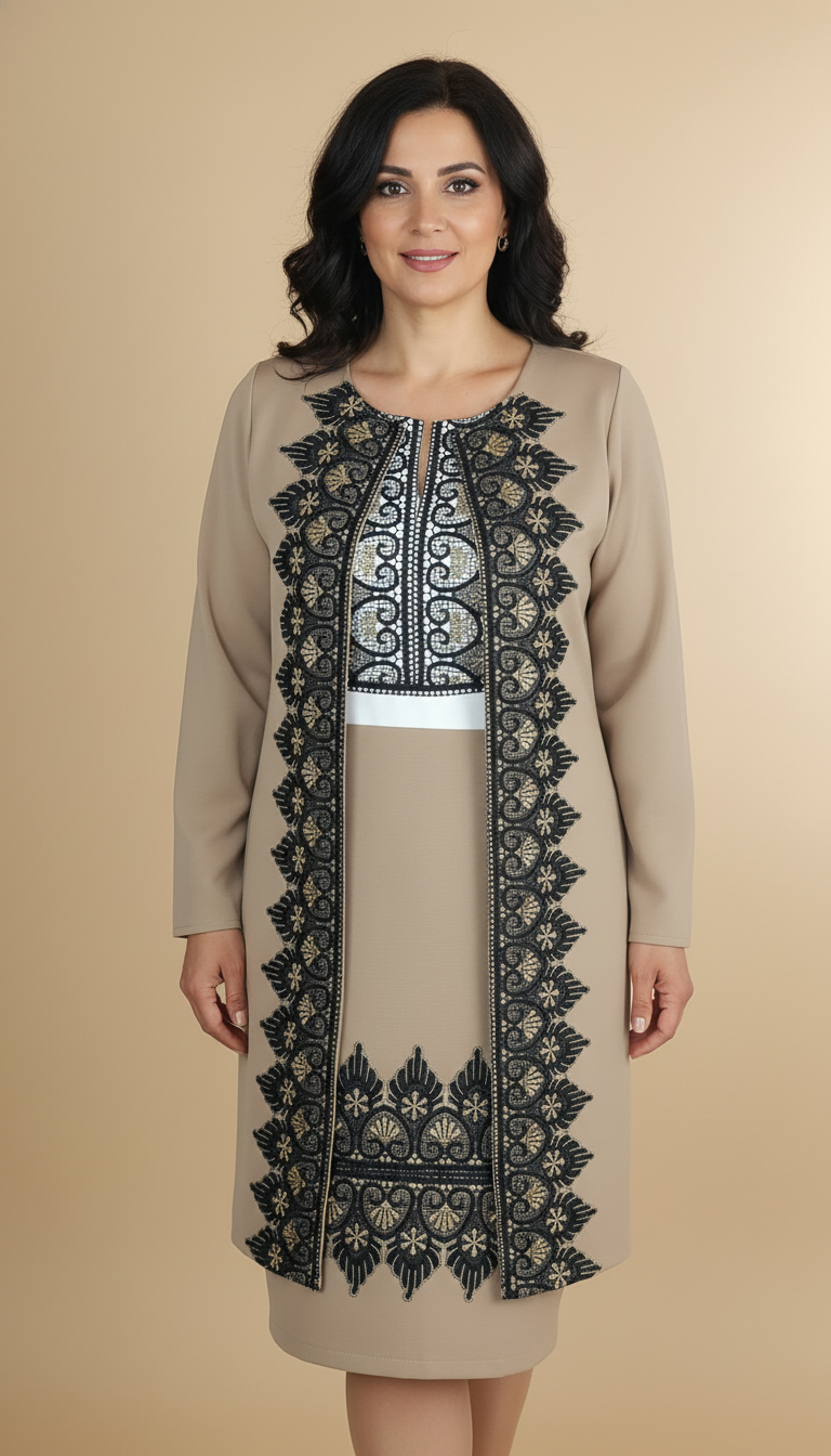 Compleu cardigan si fusta bej cu broderie si cu bluza alba stilizata Eva