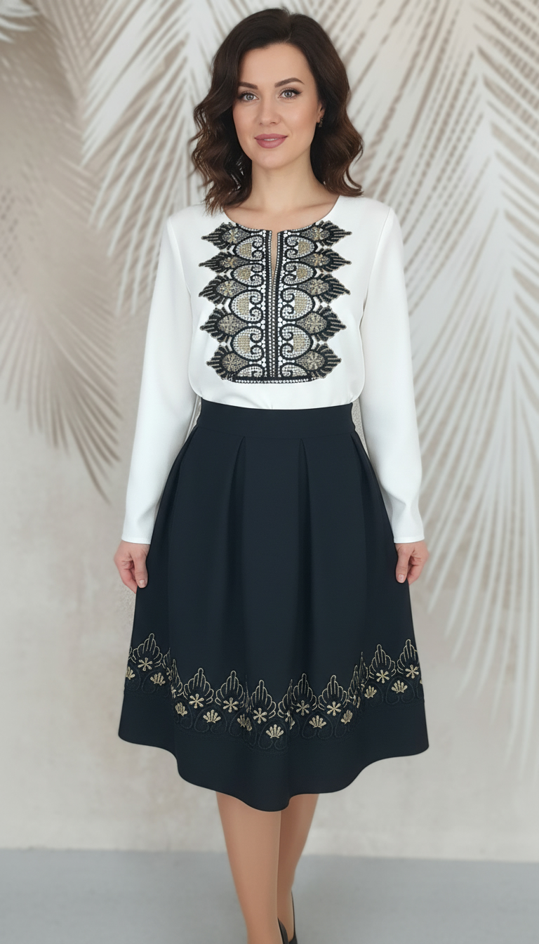 Compleu bluza alba stilizata si fusta neagra in pliuri cu broderie Eva