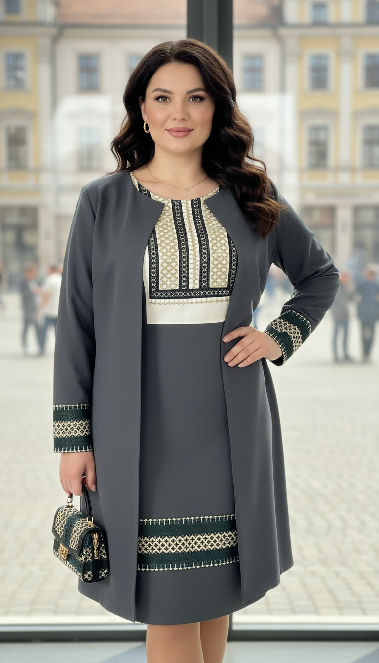 Compleu cardigan si fusta gri cu broderie si cu bluza alba Ilinca