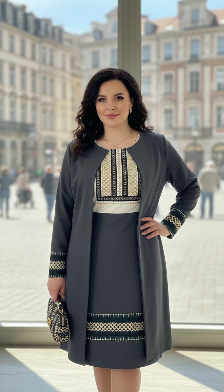Compleu cardigan si fusta gri cu broderie si cu bluza alba Ilinca