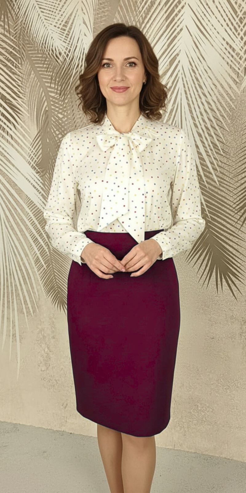 Compleu fusta visinie si bluza alba cu buline colorate