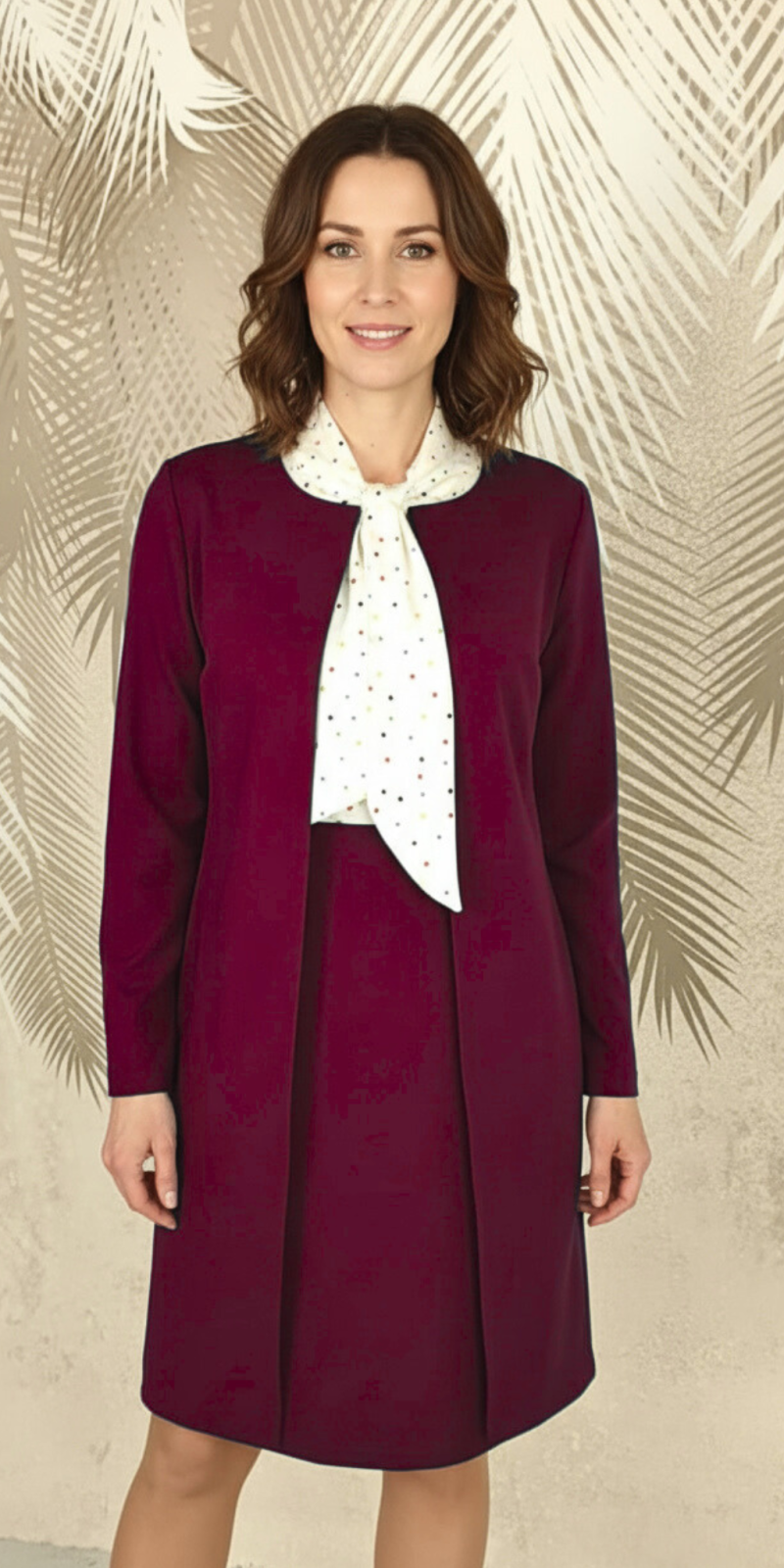 Compleu cardigan si fusta visinie si bluza alba cu buline colorate