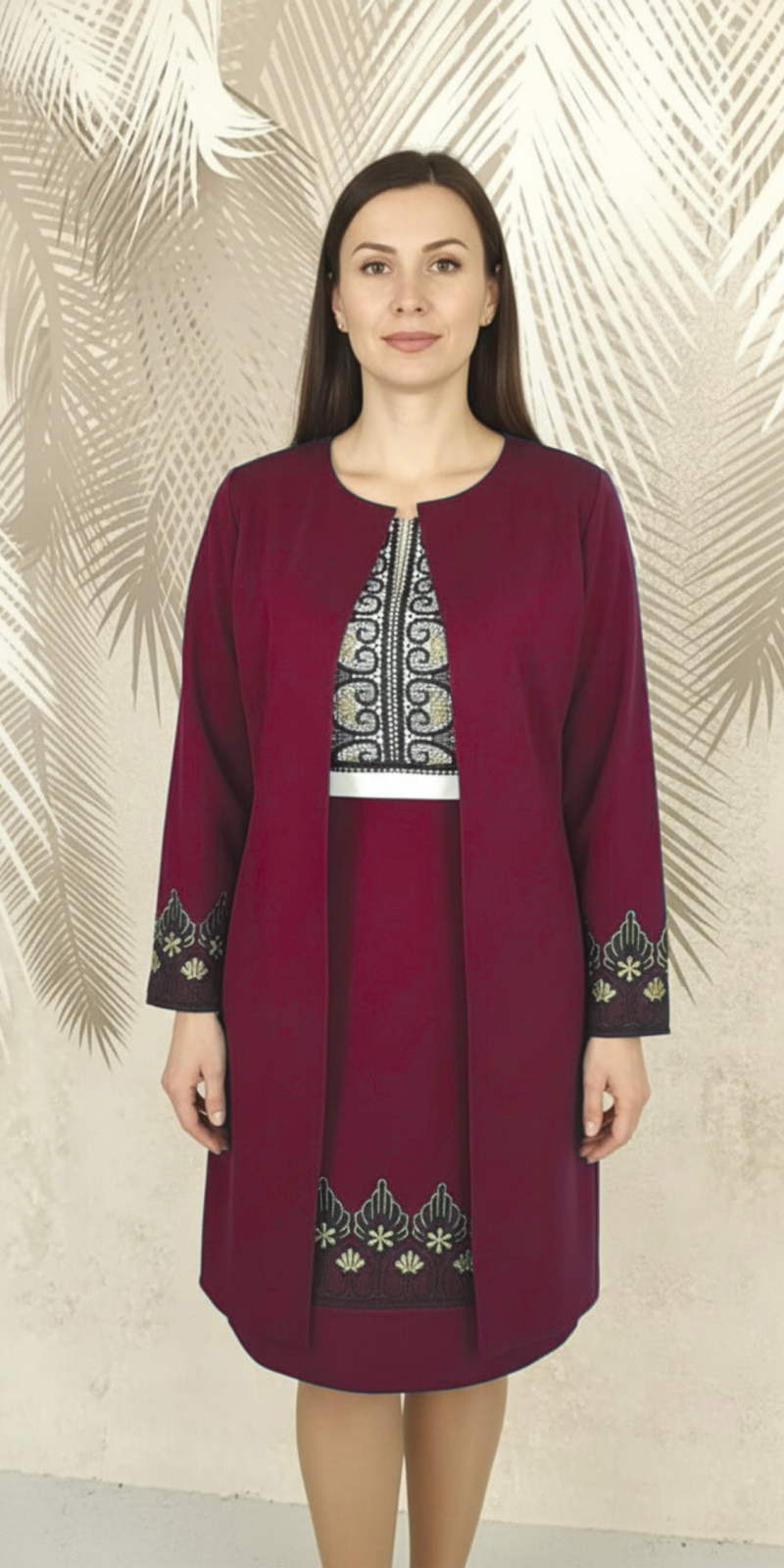 Compleu cardigan si fusta conica visinie cu broderie si cu bluza alba stilizata Eva