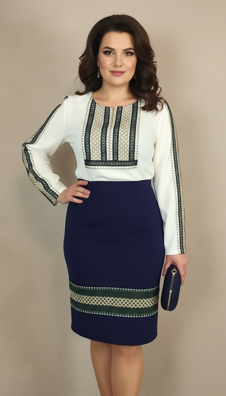 Compleu bluza alba stilizata si fusta bleumarin cu broderie Ilinca