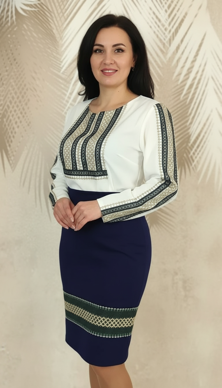 Compleu bluza alba stilizata si fusta bleumarin cu broderie Ilinca