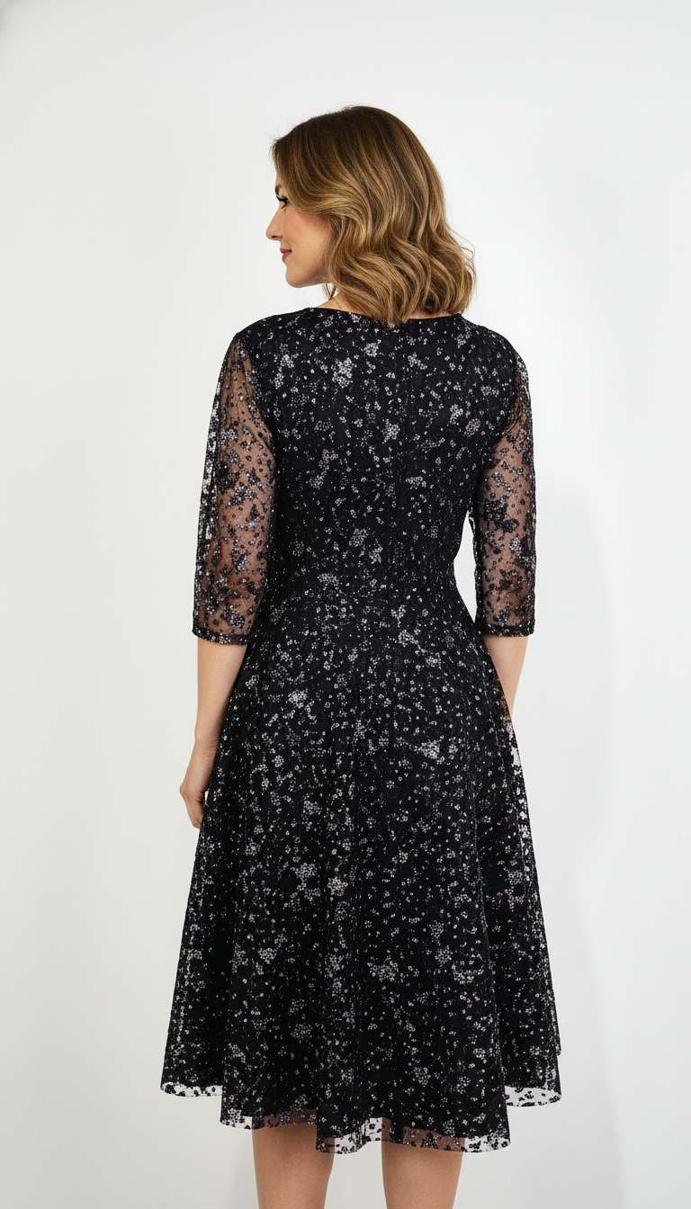 Rochie de ocazie clos neagra cu tulle-gliter gri Mussette