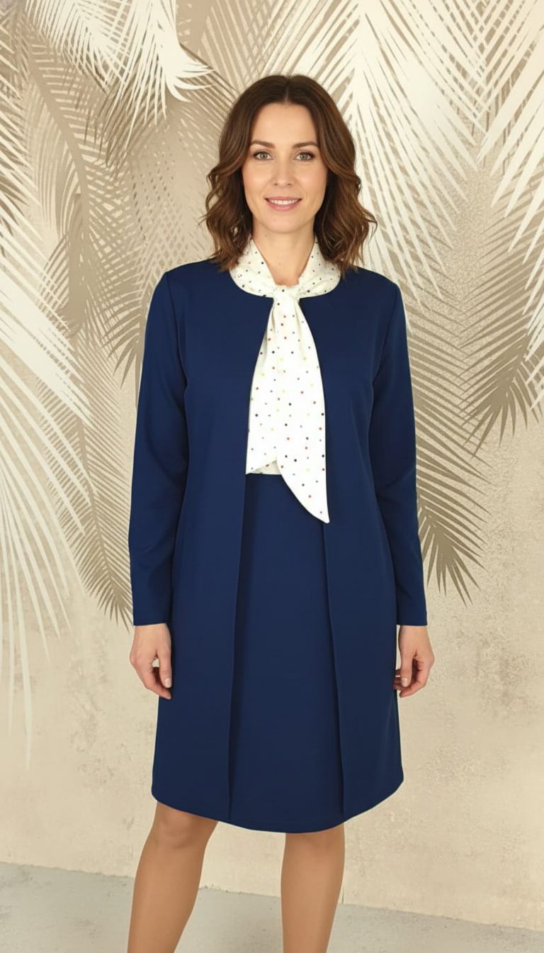 Compleu cardigan si fusta bleumarin si bluza alba cu buline colorate