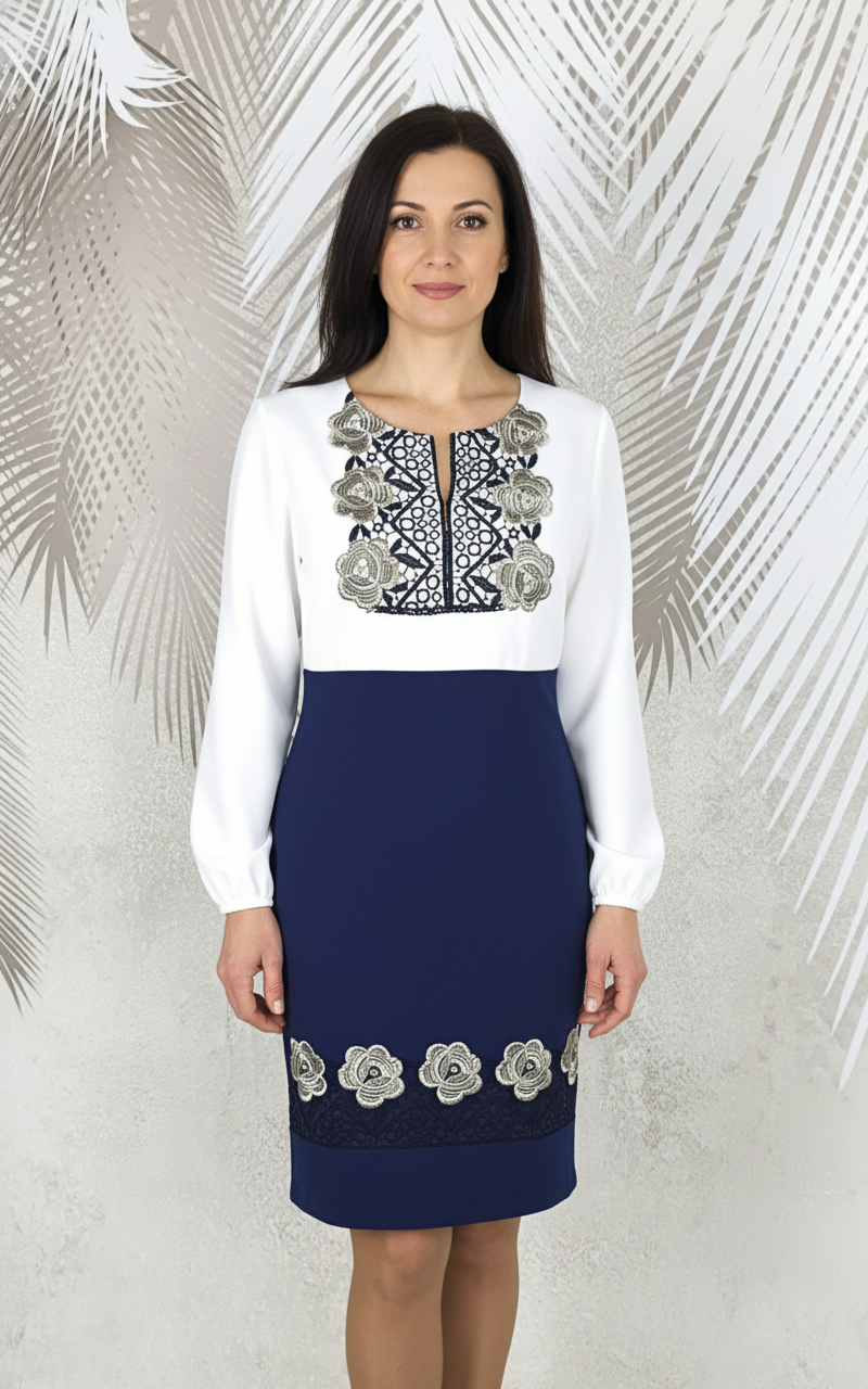 Compleu bluza alba stilizata si fusta conica bleumarin cu broderie Melania