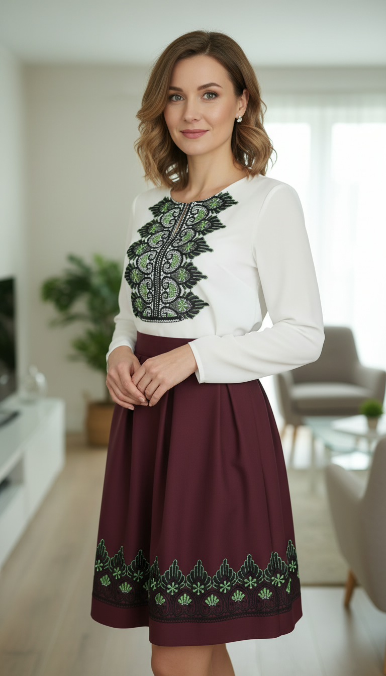 Compleu bluza alba stilizata si fusta visinie in pliuri cu broderie Eva