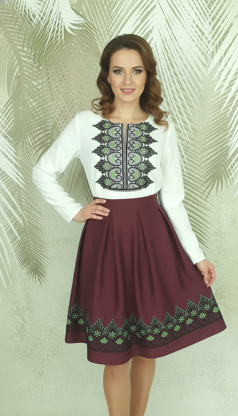 Compleu bluza alba stilizata si fusta visinie in pliuri cu broderie Eva