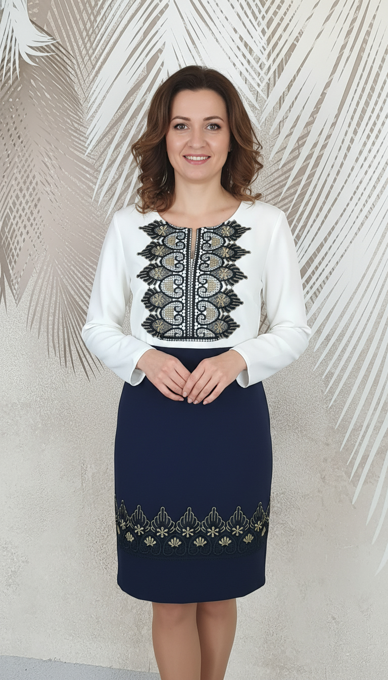 Compleu bluza alba stilizata si fusta conica bleumarin cu broderie Eva