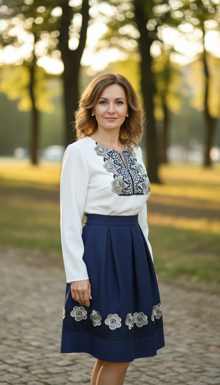 Compleu bluza alba stilizata si fusta bleumarin in pliuri cu broderie Melania