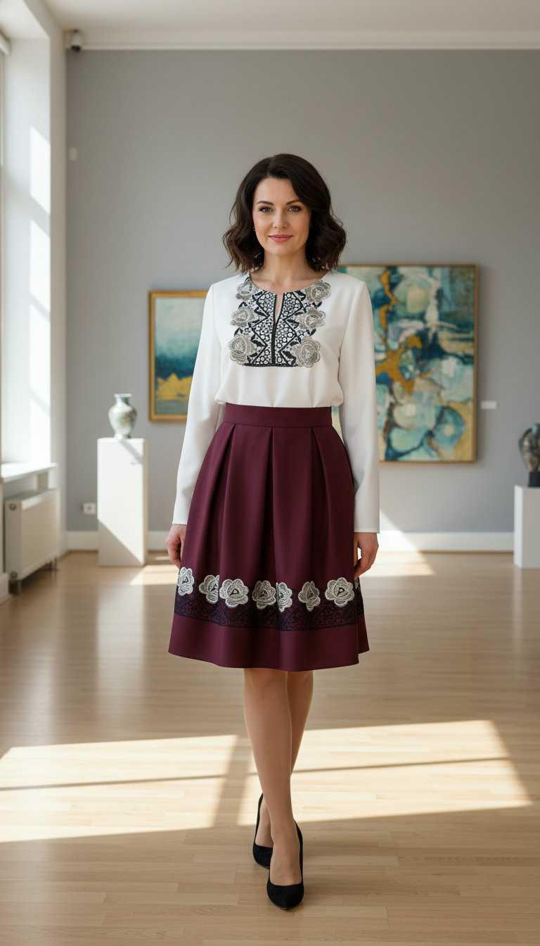 Compleu bluza alba stilizata si fusta visinie in pliuri cu broderie Melania