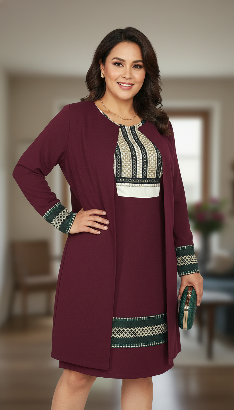 Compleu cardigan si fusta visinie cu broderie si cu bluza alba Ilinca