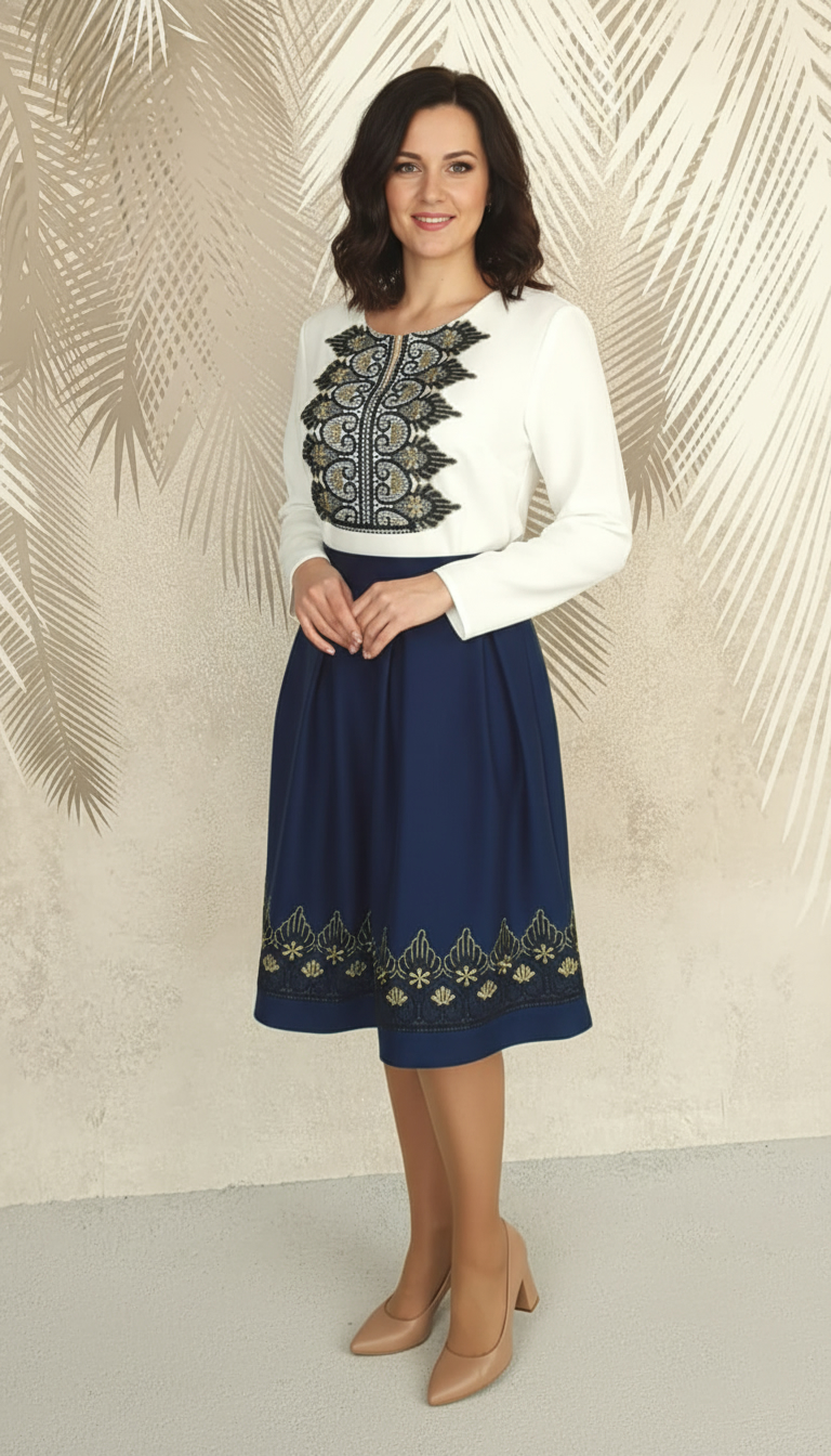 Compleu bluza alba stilizata si fusta bleumarin in pliuri cu broderie Eva