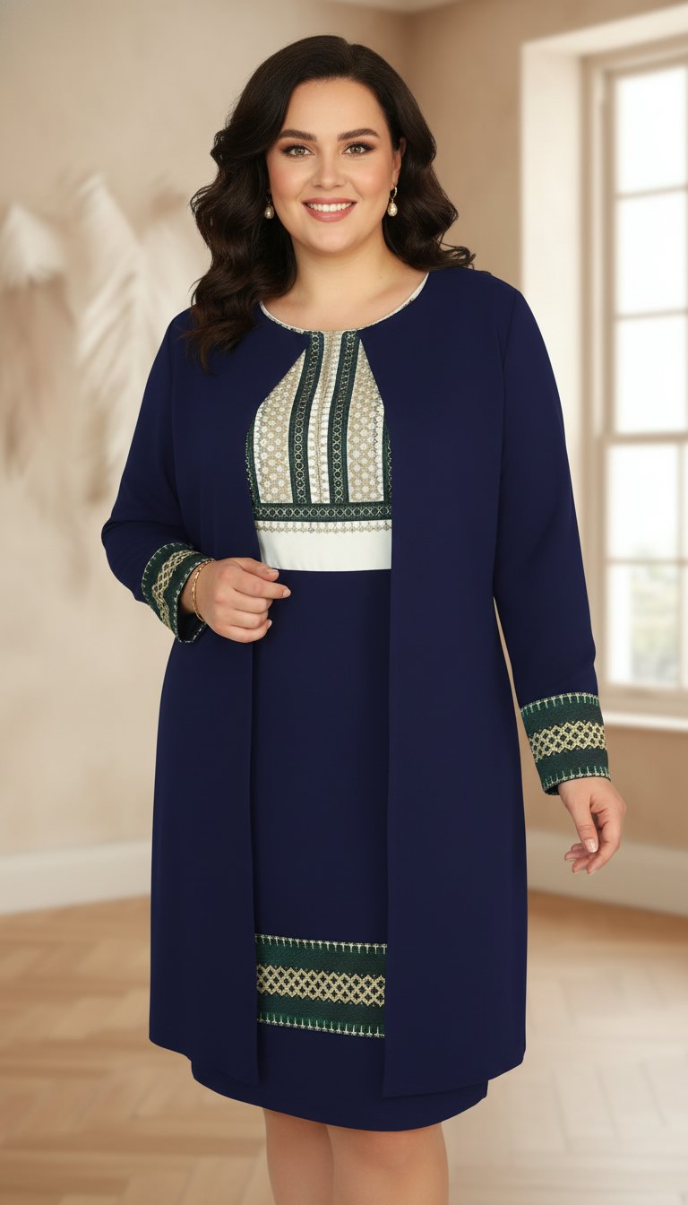 Compleu cardigan si fusta conica bleumarin cu broderie si cu bluza alba stilizata Ilinca