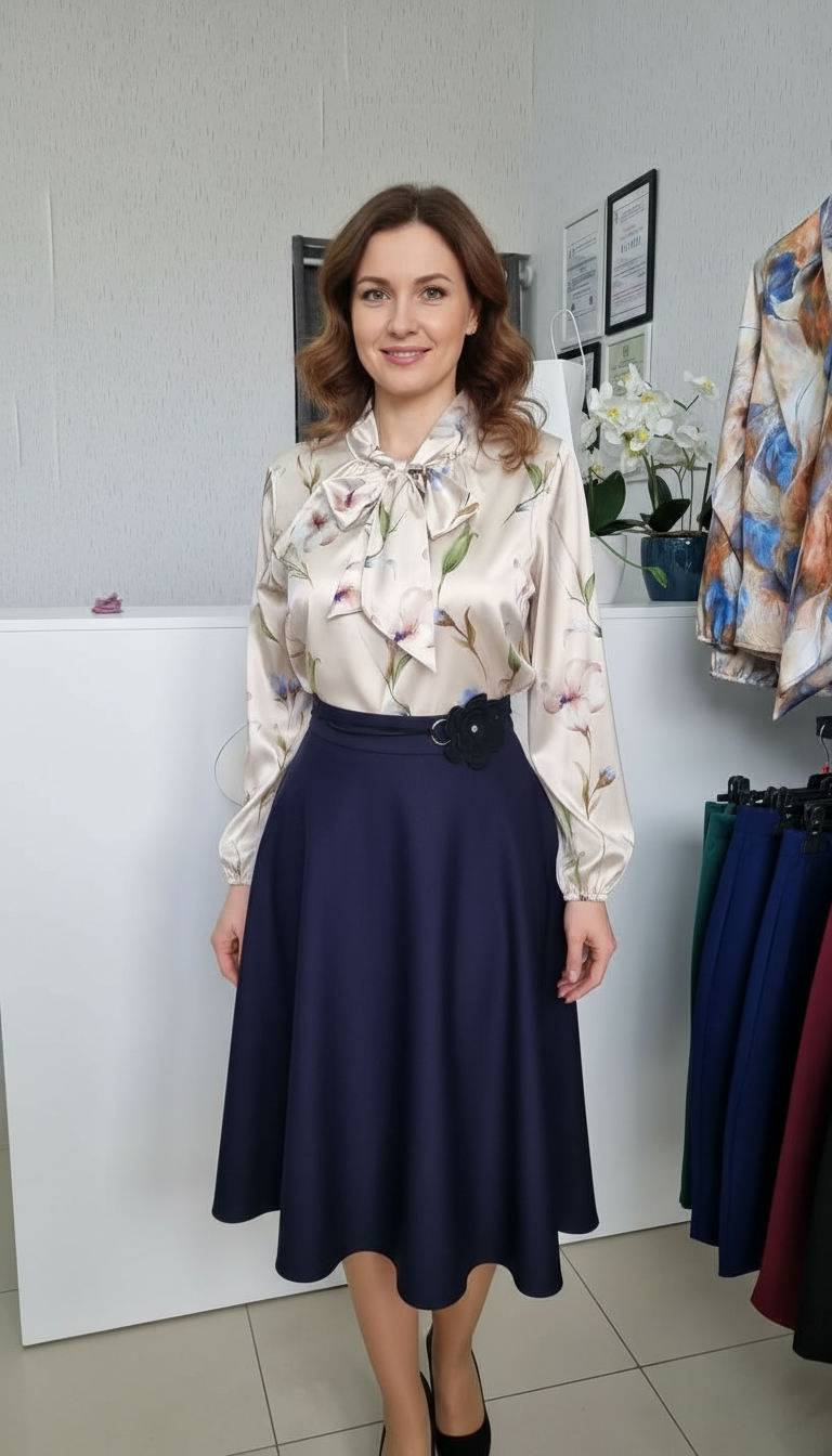 Compleu bluza eleganta Amalia si fusta clos bleumarin