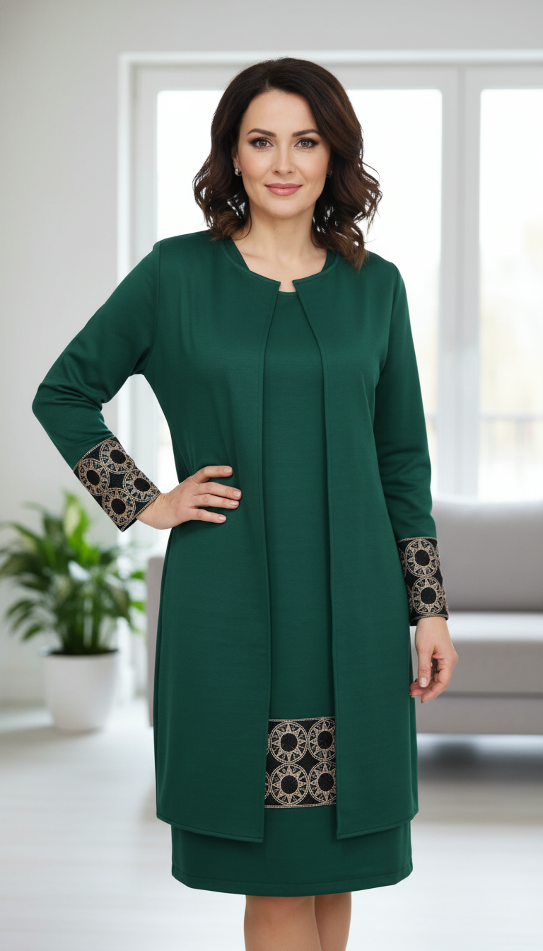 Compleu elegant verde cu broderie Teodora