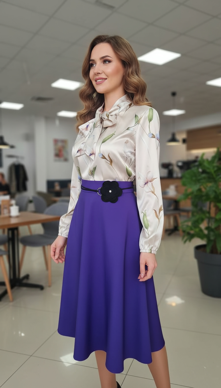 Compleu bluza eleganta Amalia si fusta mov in pliuri