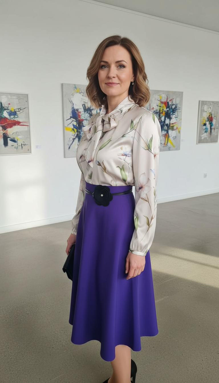 Compleu bluza eleganta Amalia si fusta mov in pliuri