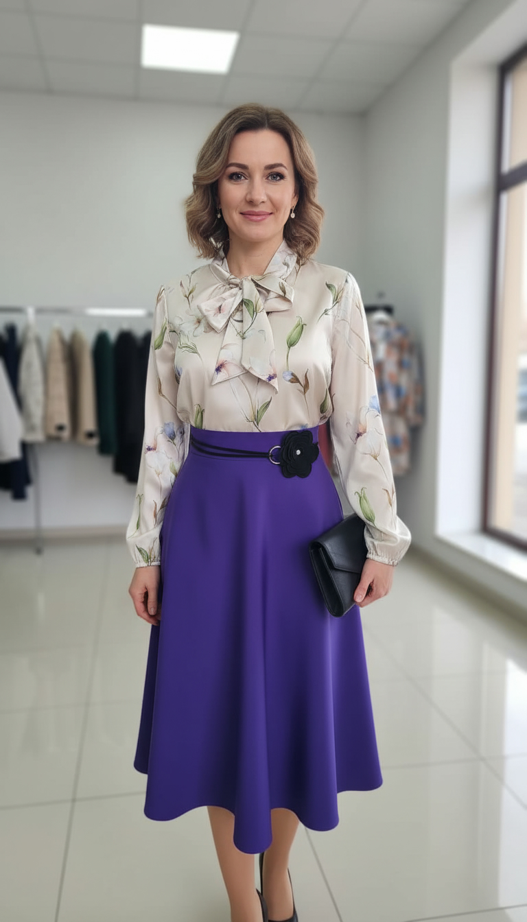 Compleu bluza eleganta Amalia si fusta mov in pliuri