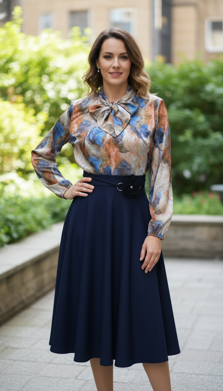 Compleu bluza Smaranda albastra si fusta clos neagra