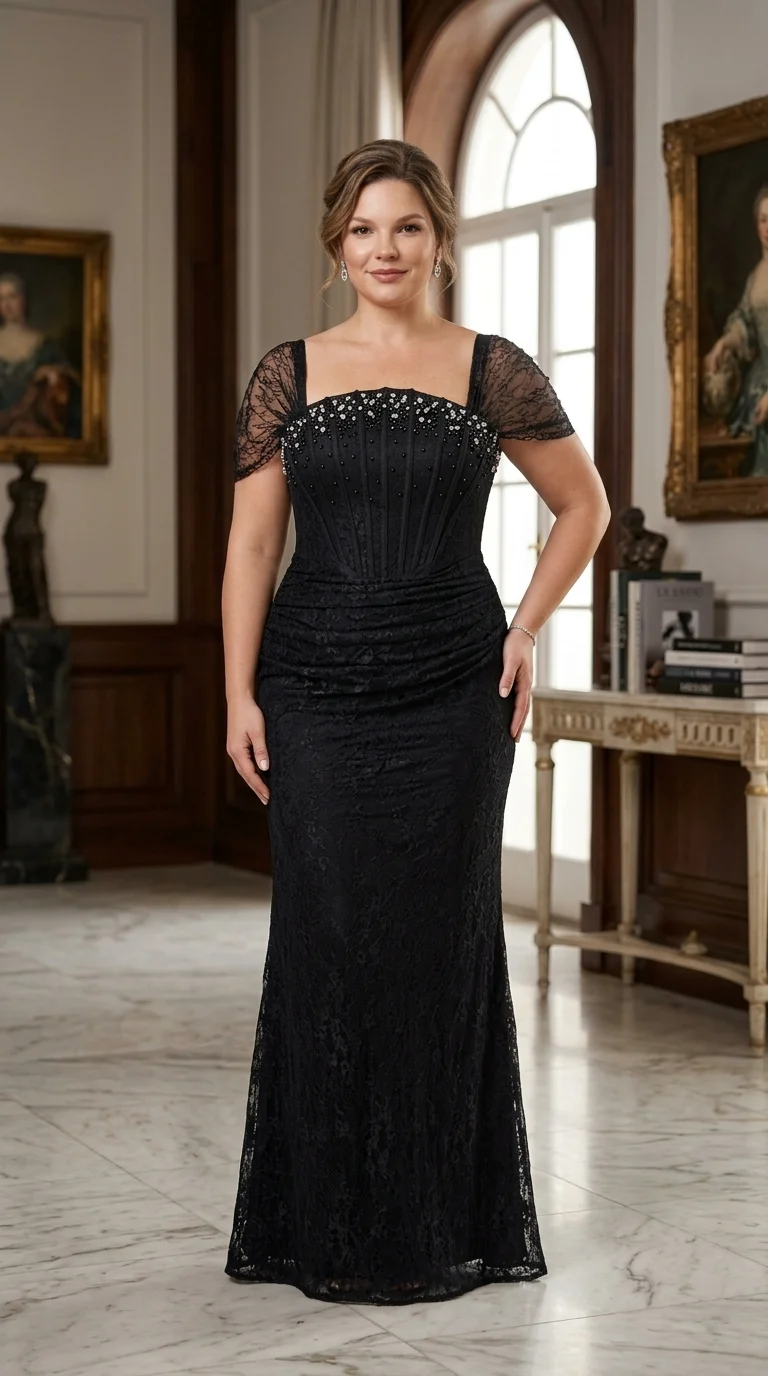 Rochie lunga neagra din dantela cu pietricele Ivona